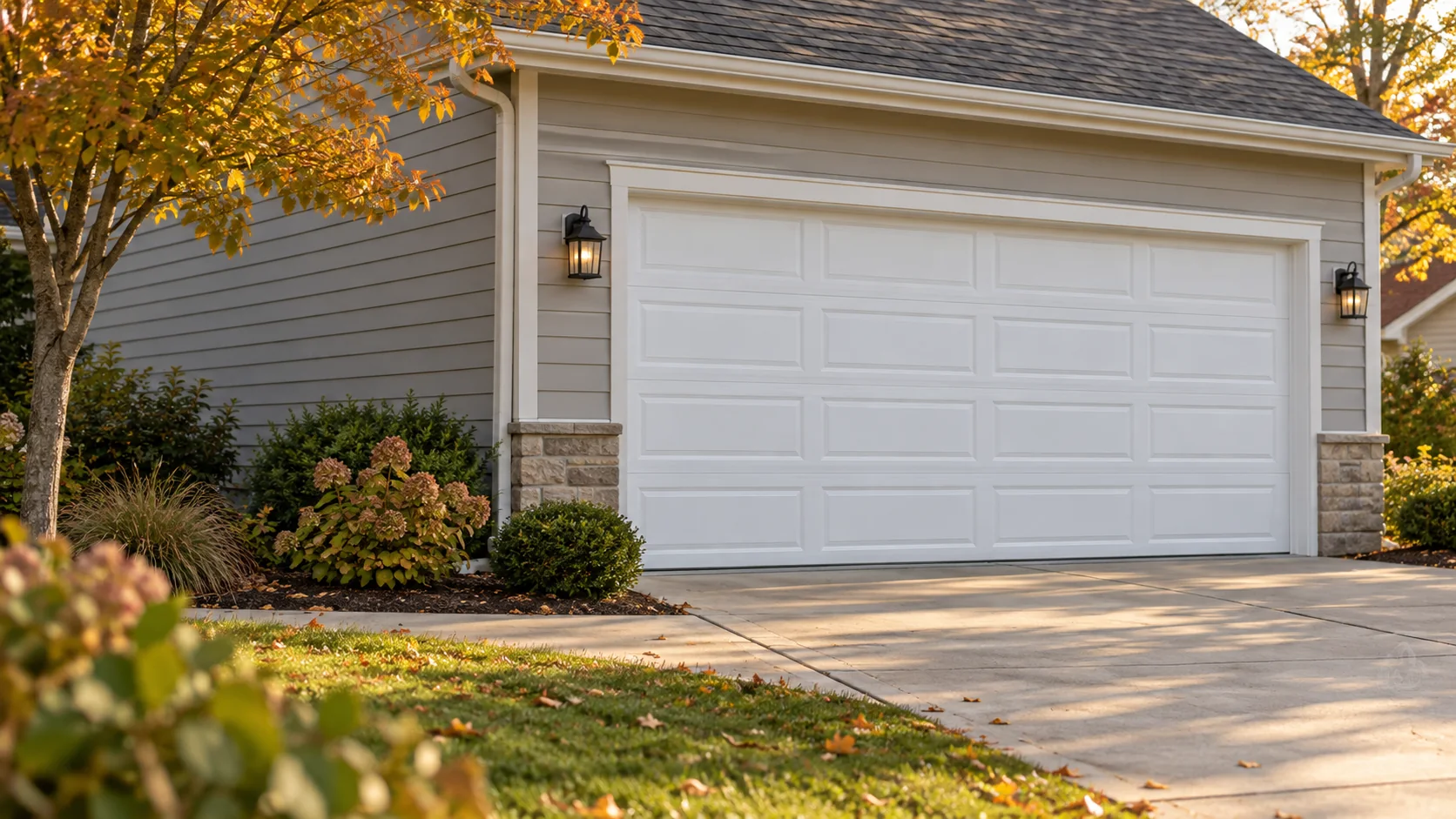 Illustrative white raised-panel garage door on a home in autumn.